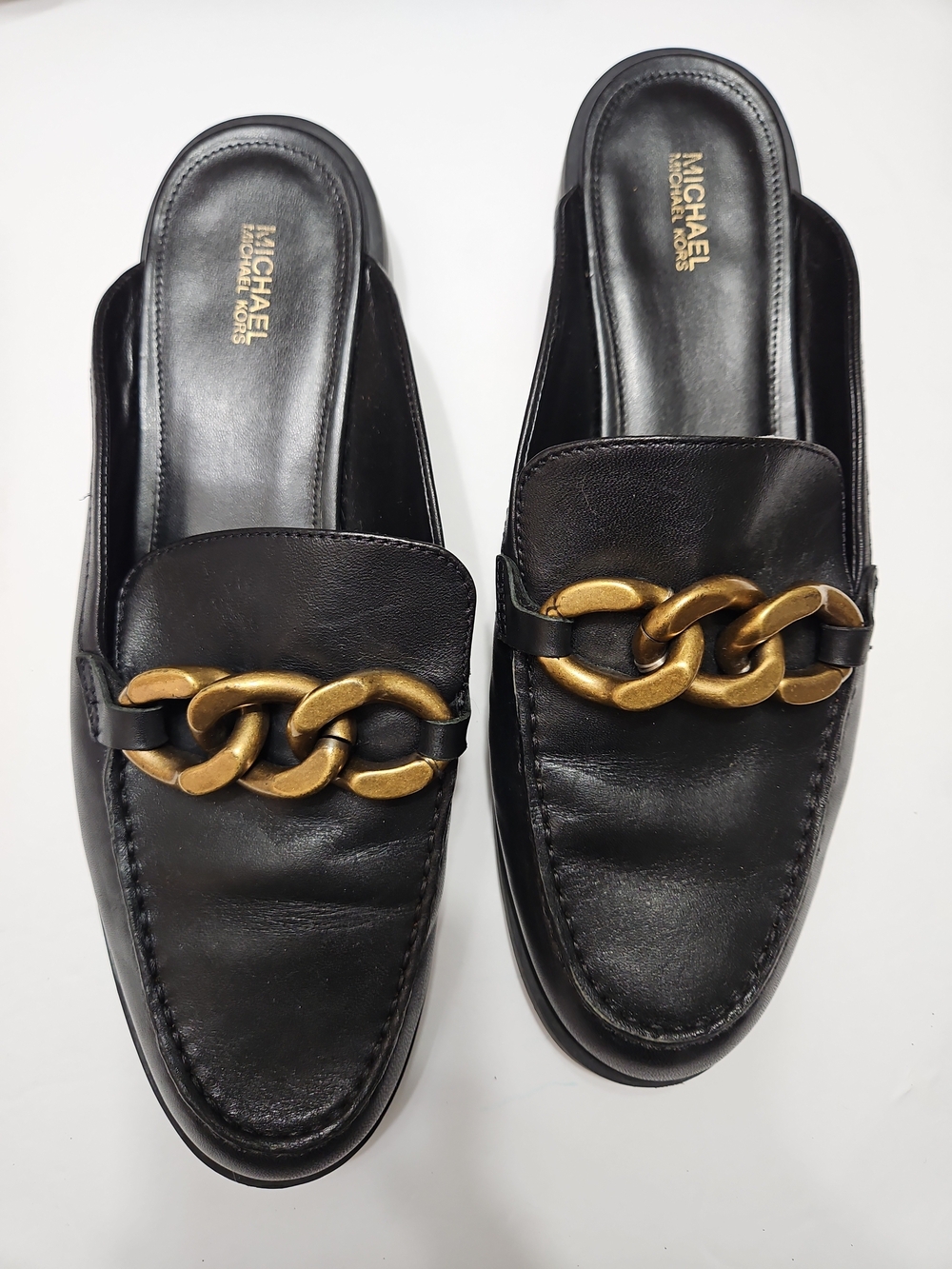 MICHAEL Michael Kors Scarlett Black Leather Chain-Trim Slip-On Loafers